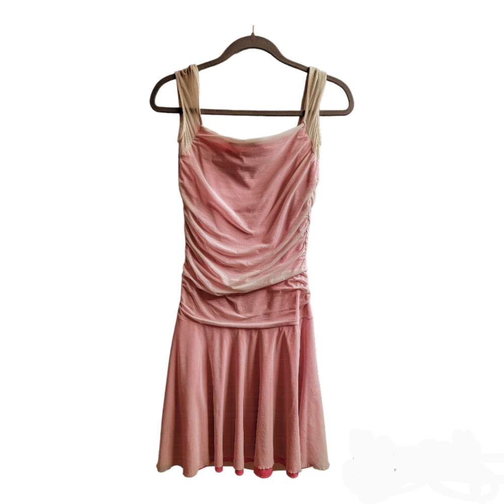 Necessary Objects Pink and Beige Ruched Fit-and-Flare Dress